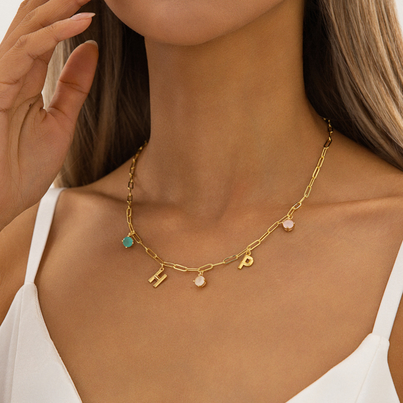 Letter & Colored Gemstones Paper Clip Link Charm Necklace Letter & Colored Gemstones Paper Clip Link Charm Necklace