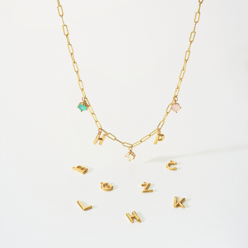 Letter & Colored Gemstones Paper Clip Link Charm Necklace Letter & Colored Gemstones Paper Clip Link Charm Necklace