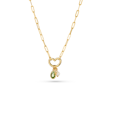 Letter & Pear Gemstone Paper Clip Link Charm Necklace with Pearl Charm
