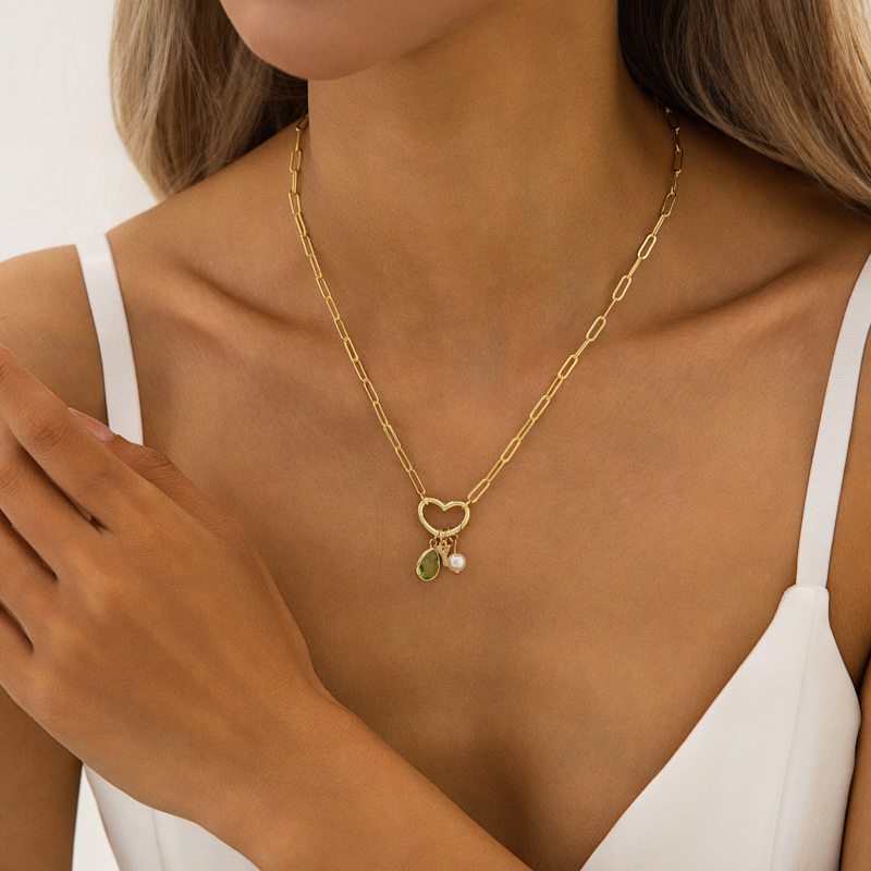 Letter & Pear Gemstone Paper Clip Link Charm Necklace with Pearl Charm Letter & Pear Gemstone Paper Clip Link Charm Necklace with Pearl Charm
