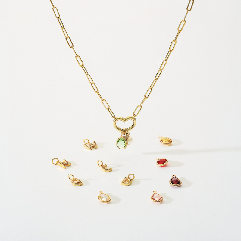 Letter & Pear Gemstone Paper Clip Link Charm Necklace with Pearl Charm Letter & Pear Gemstone Paper Clip Link Charm Necklace with Pearl Charm