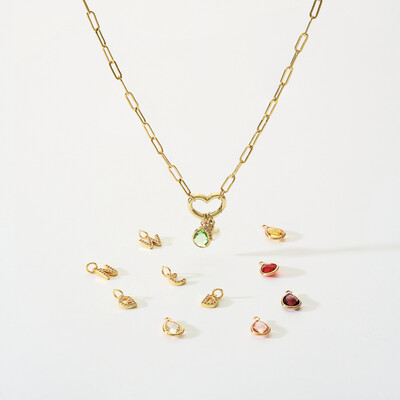 Letter & Pear Gemstone Paper Clip Link Charm Necklace with Pearl Charm