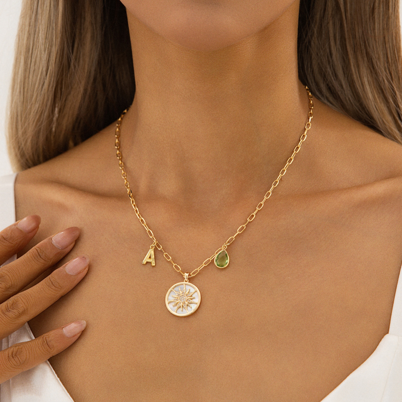Gold Sun & Letter Necklace with Gemstone Accents Gold Sun & Letter Necklace with Gemstone Accents