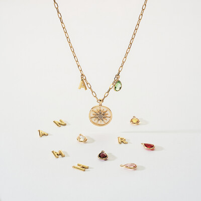 Gold Sun & Letter Necklace with Gemstone Accents