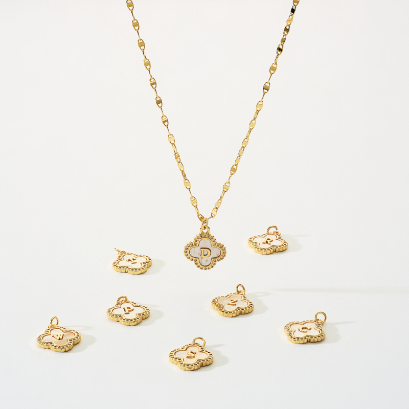 Clover Mother of Pearl Letter Pendant Necklace Clover Mother of Pearl Letter Pendant Necklace