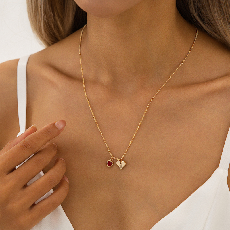 Heart Shaped Colored Gemstone & Seal Letter Pendant Necklace Heart Shaped Colored Gemstone & Seal Letter Pendant Necklace