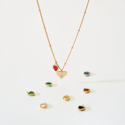 Heart Shaped Colored Gemstone & Seal Letter Pendant Necklace