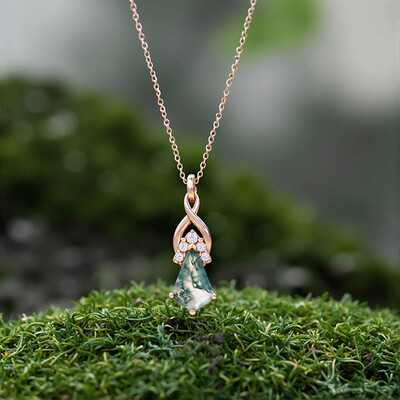 1.32CT Kite-Cut Moss Agate Fishtail Diamond Accented S925 Silver Pendant Necklace