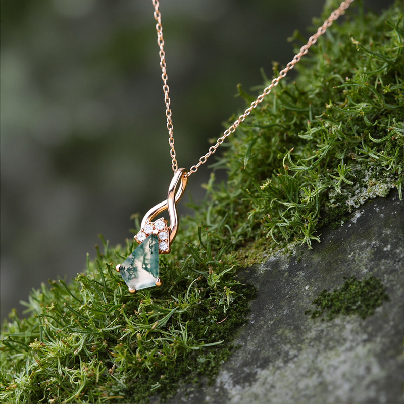 1.32CT Kite-Cut Moss Agate Fishtail Diamond Accented S925 Silver Pendant Necklace