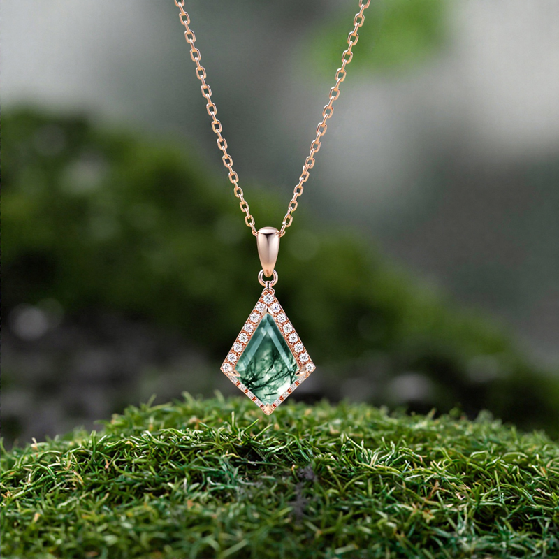 1.41CT Kite Cut Moss Agate Women Diamond Halo Accented  S925 Silver Pendant Necklace