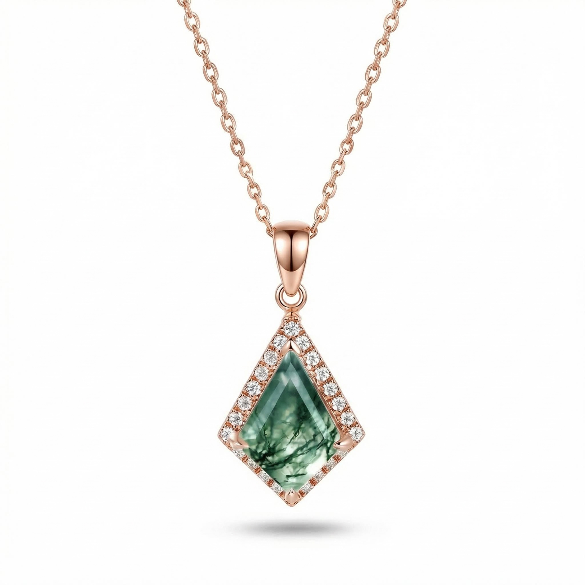 1.41CT Kite Cut Moss Agate Women Diamond Halo Accented  S925 Silver Pendant Necklace