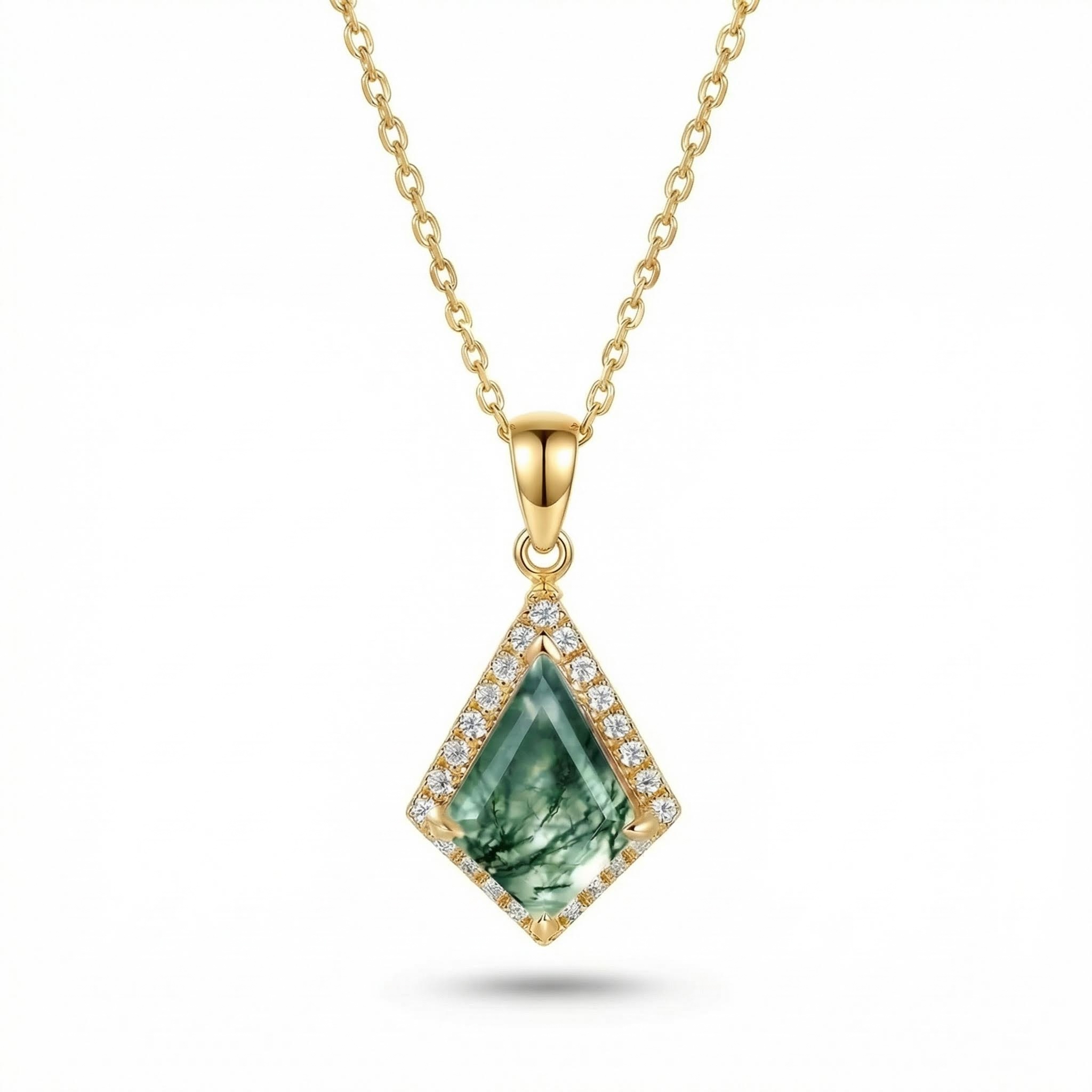 1.41CT Kite Cut Moss Agate Women Diamond Halo Accented  S925 Silver Pendant Necklace