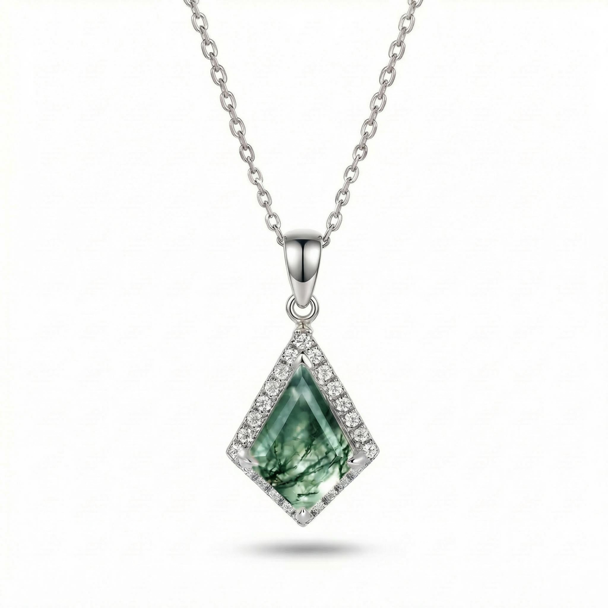 1.41CT Kite Cut Moss Agate Women Diamond Halo Accented  S925 Silver Pendant Necklace