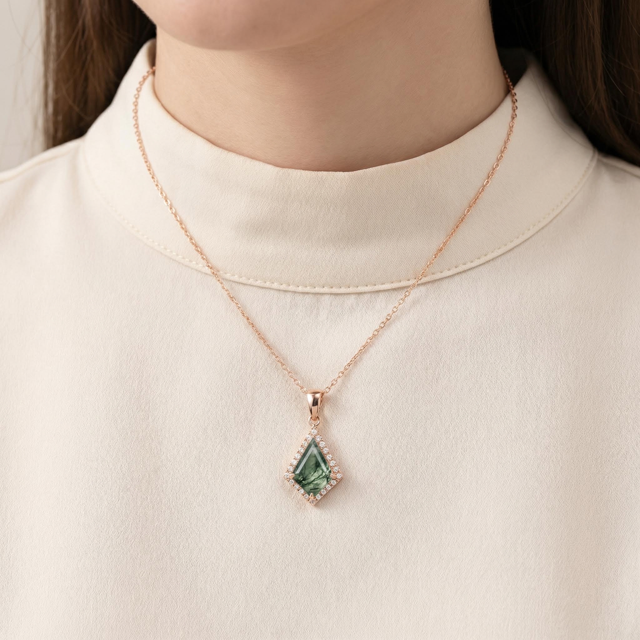 1.41CT Kite Cut Moss Agate Women Diamond Halo Accented  S925 Silver Pendant Necklace