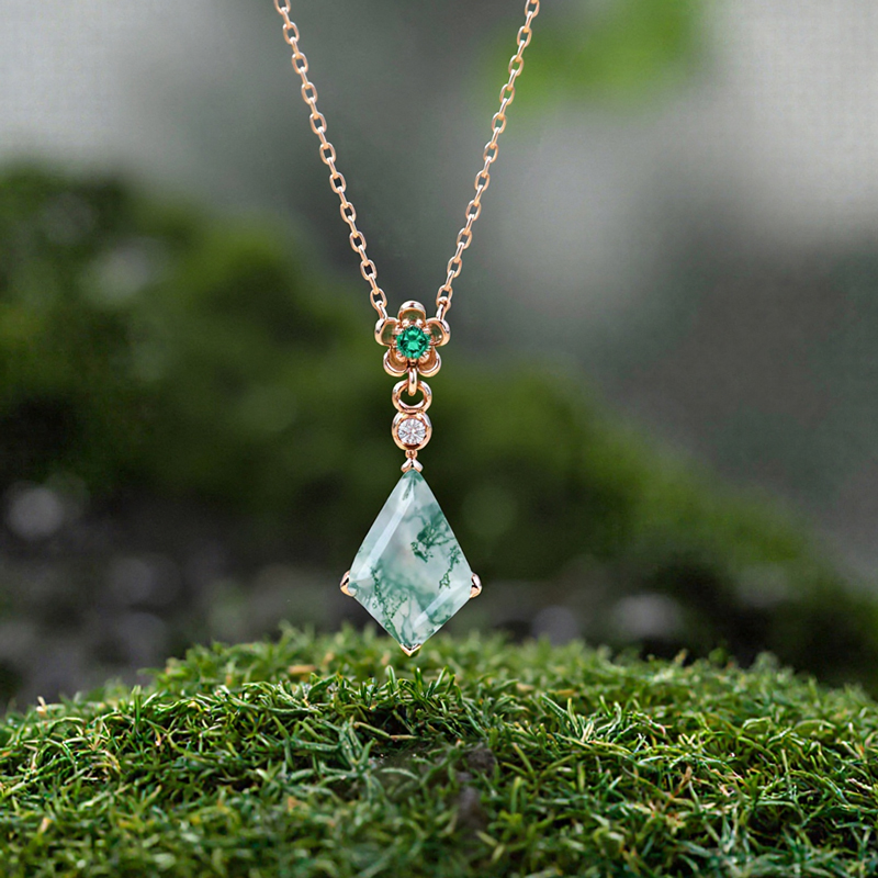 1.3CT Kite Cut Moss Agate With Emerald Flower Accent S925 Silver Pendant Necklace