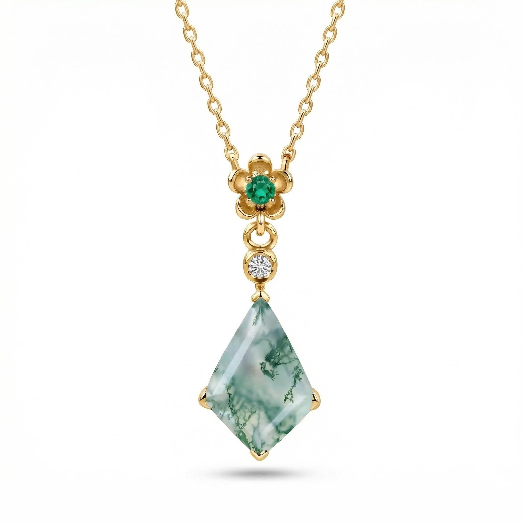 1.3CT Kite Cut Moss Agate With Emerald Flower Accent S925 Silver Pendant Necklace