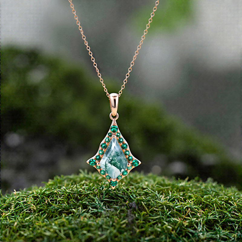 1.56CT Kite Cut Moss Agate With Flared Emerald Halo S925 Silver Pendant Necklace