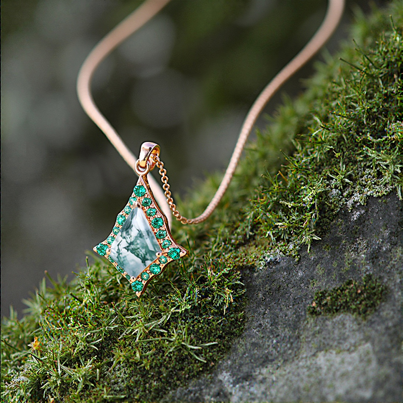 1.56CT Kite Cut Moss Agate With Flared Emerald Halo S925 Silver Pendant Necklace