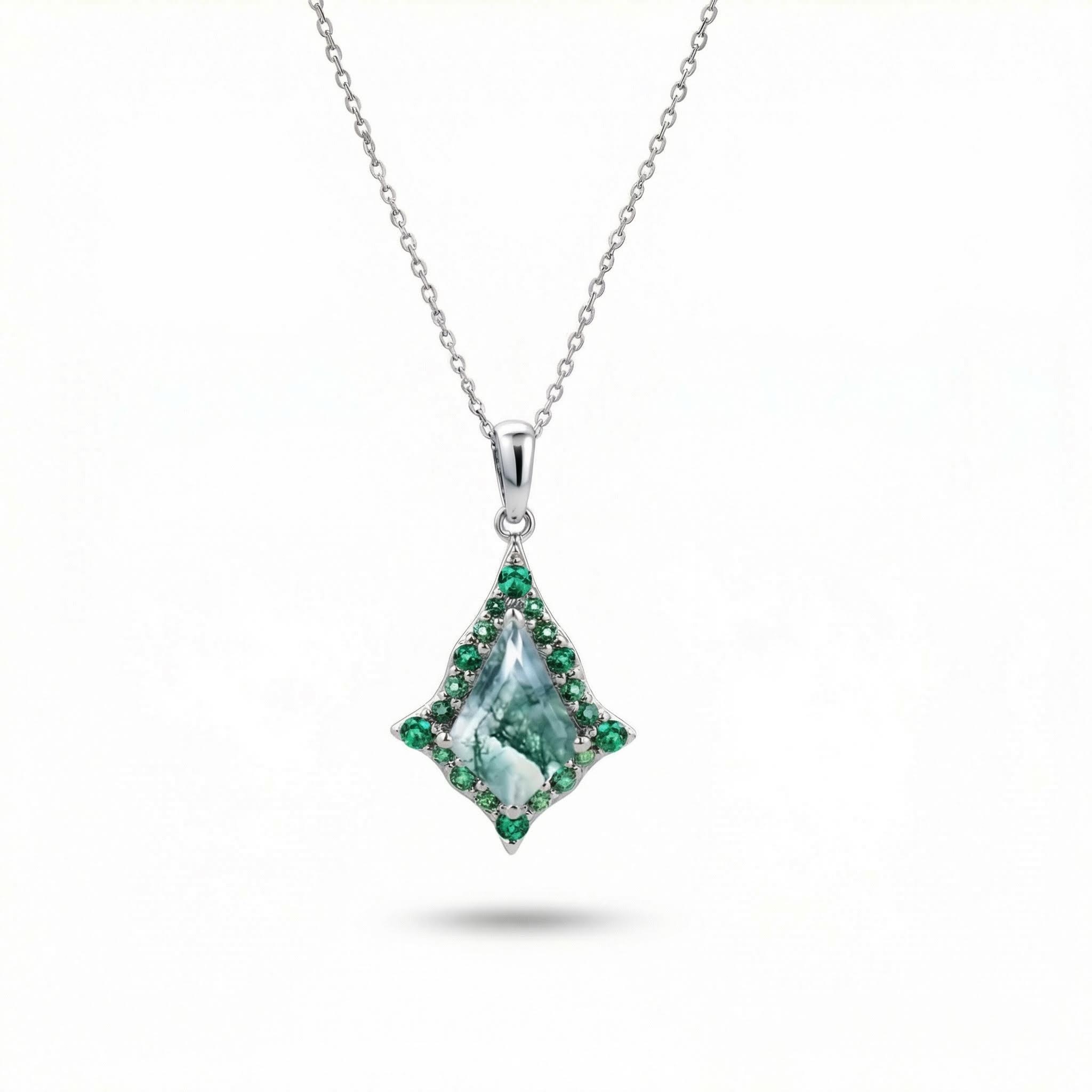 1.56CT Kite Cut Moss Agate With Flared Emerald Halo S925 Silver Pendant Necklace