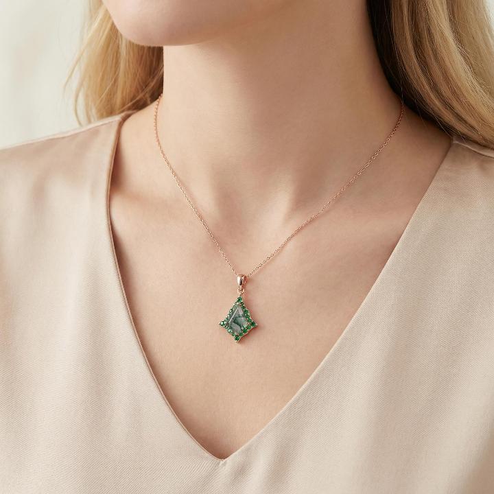 1.56CT Kite Cut Moss Agate With Flared Emerald Halo S925 Silver Pendant Necklace