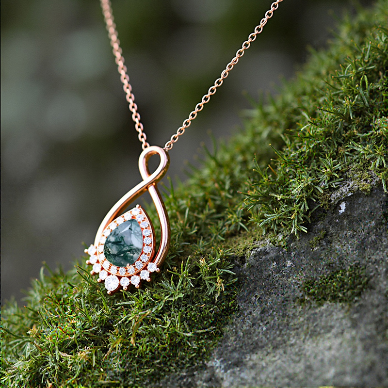 1.51CT Pear Cut Moss Agate & Round Cut Moissanite S925 Silver Infinity Pendant Necklace
