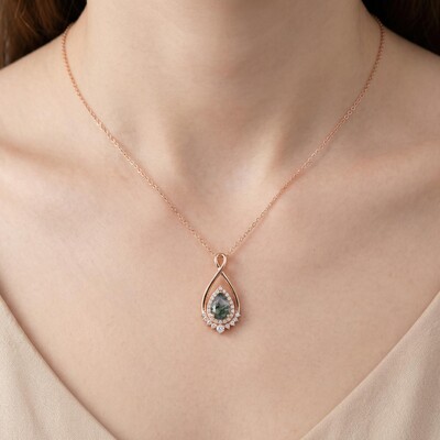 1.51CT Pear Cut Moss Agate & Round Cut Moissanite S925 Silver Infinity Pendant Necklace