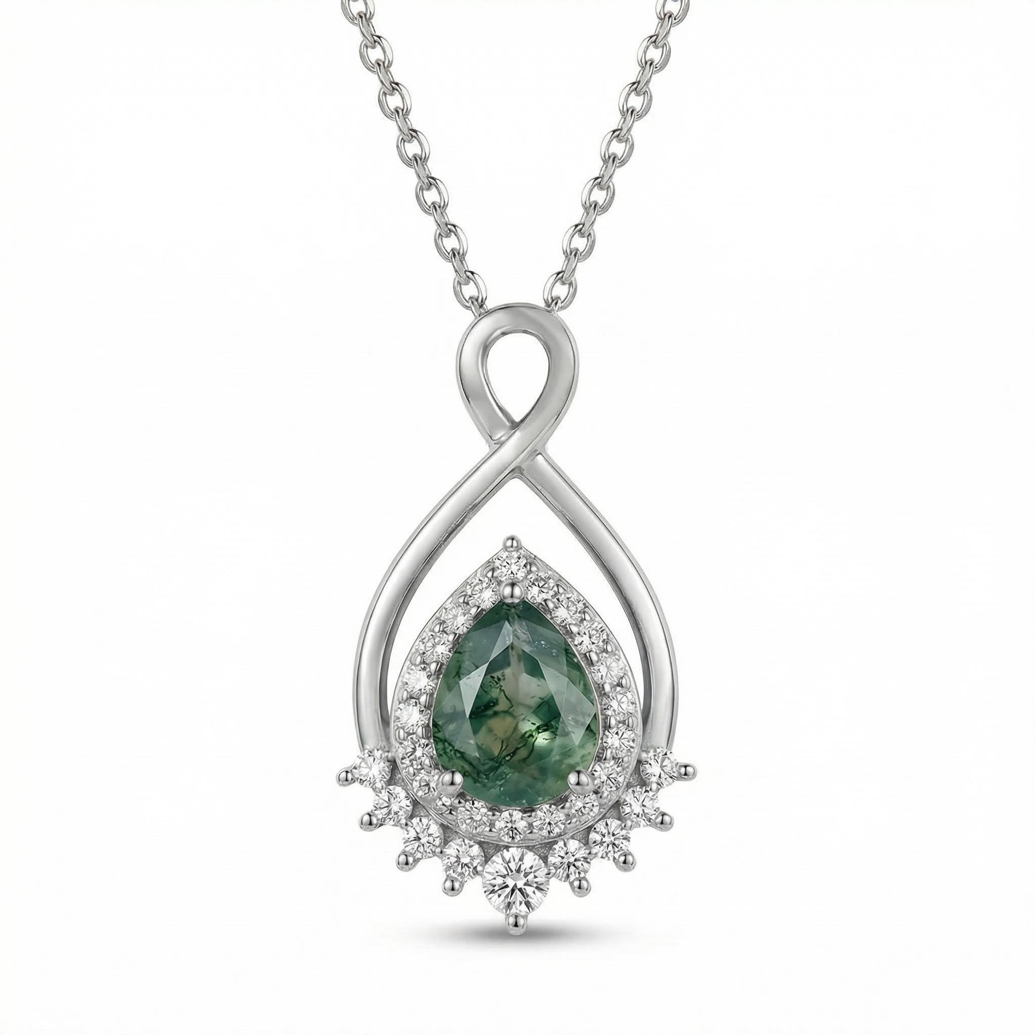 1.51CT Pear Cut Moss Agate & Round Cut Moissanite S925 Silver Infinity Pendant Necklace
