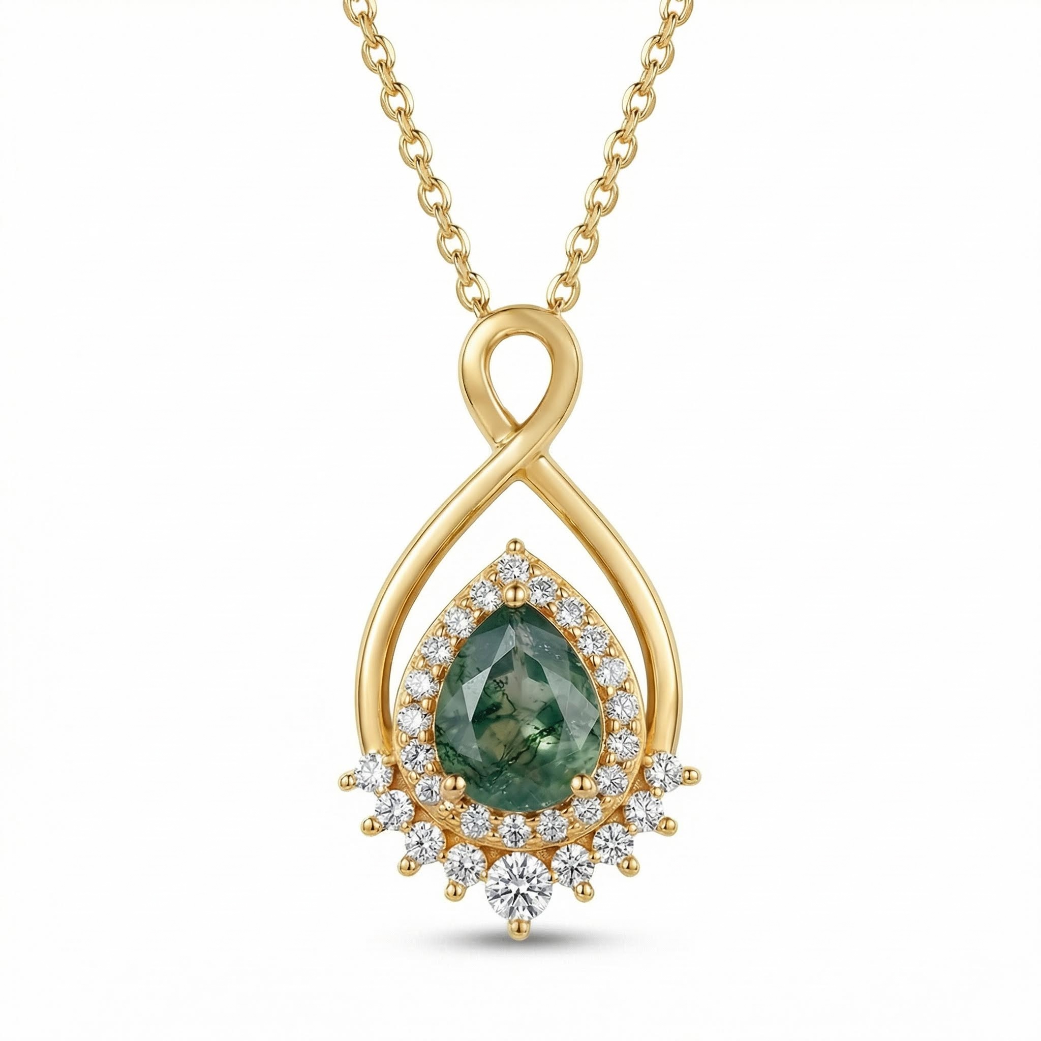 1.51CT Pear Cut Moss Agate & Round Cut Moissanite S925 Silver Infinity Pendant Necklace