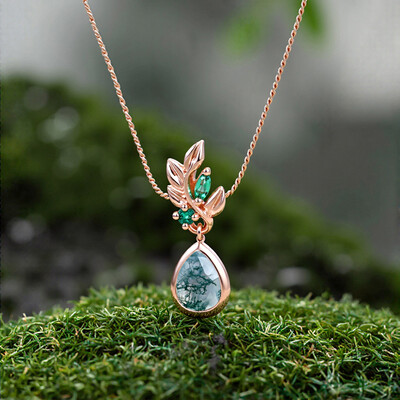 1.245CT Pear Cut Moss Agate & Marquise Cut Diamond S925 Silver With Leaf Accent Pendant Necklace