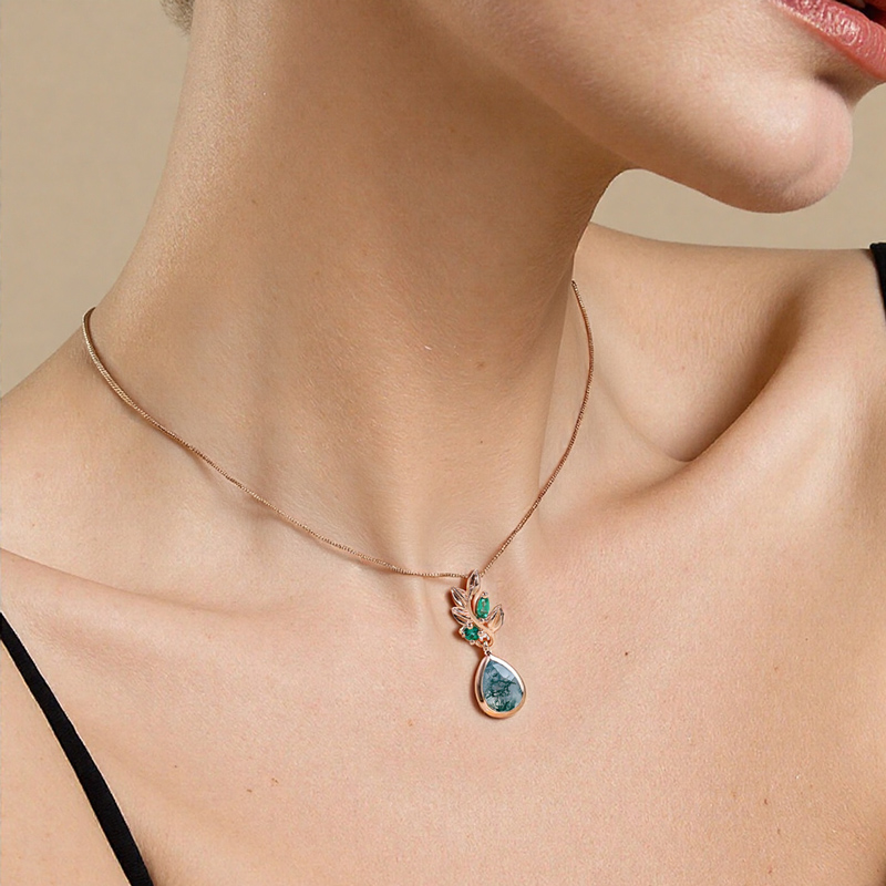 1.245CT Pear Cut Moss Agate & Marquise Cut Diamond S925 Silver With Leaf Accent Pendant Necklace