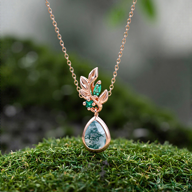 1.245CT Pear Cut Moss Agate & Marquise Cut Diamond S925 Silver With Leaf Accent Pendant Necklace