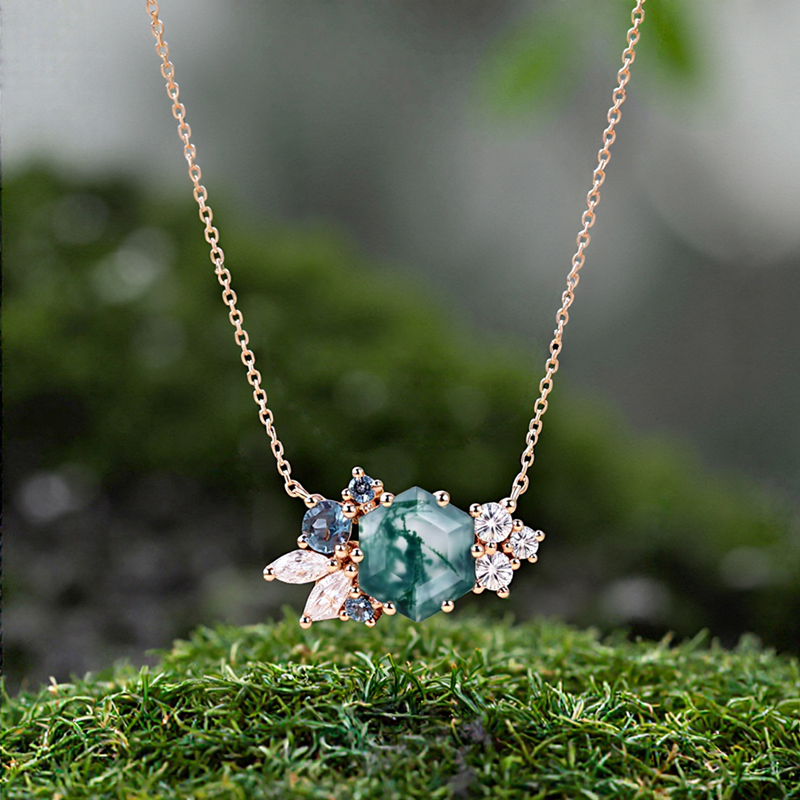 1.85CT Hexagon Moss Agate Art Deco Cluster S925 Silver Pendant Necklace