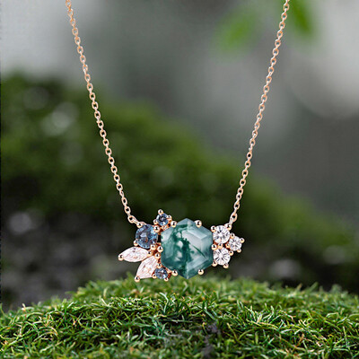 1.85CT Hexagon Moss Agate Art Deco Cluster S925 Silver Pendant Necklace