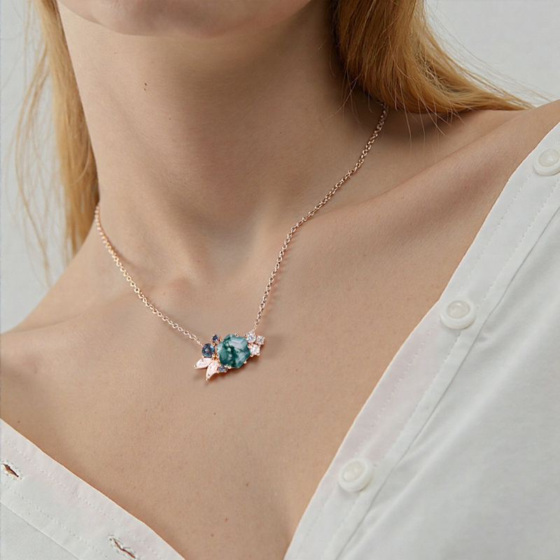1.85CT Hexagon Moss Agate Art Deco Cluster S925 Silver Pendant Necklace