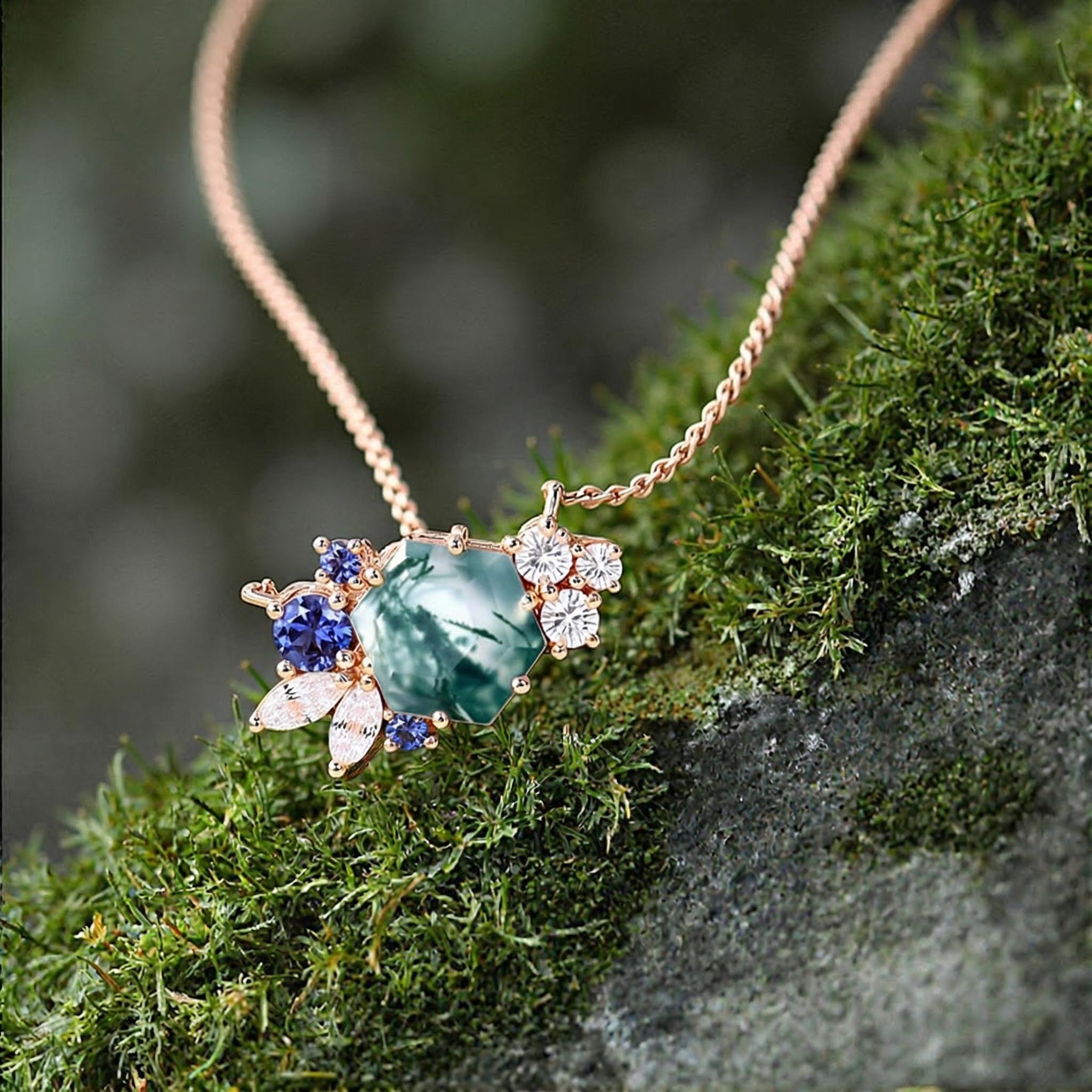 1.85CT Hexagon Moss Agate Art Deco Cluster S925 Silver Pendant Necklace