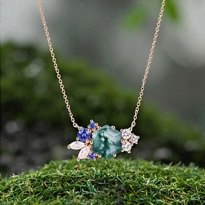 1.85CT Hexagon Moss Agate Art Deco Cluster S925 Silver Pendant Necklace