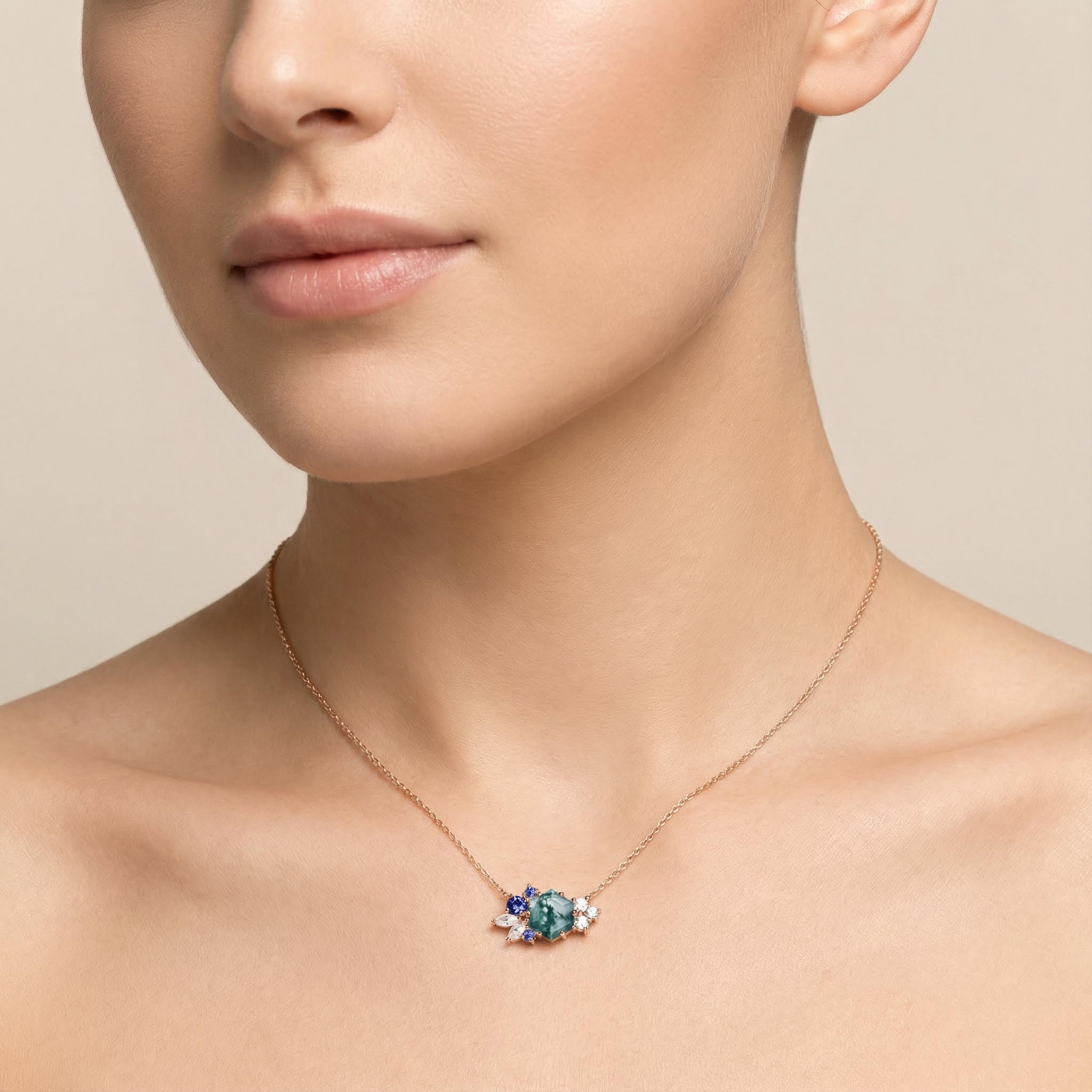 1.85CT Hexagon Moss Agate Art Deco Cluster S925 Silver Pendant Necklace