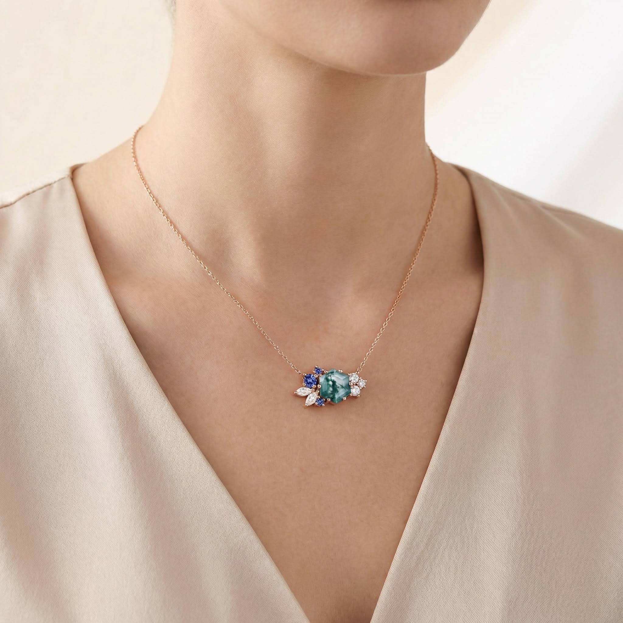 1.85CT Hexagon Moss Agate Art Deco Cluster S925 Silver Pendant Necklace