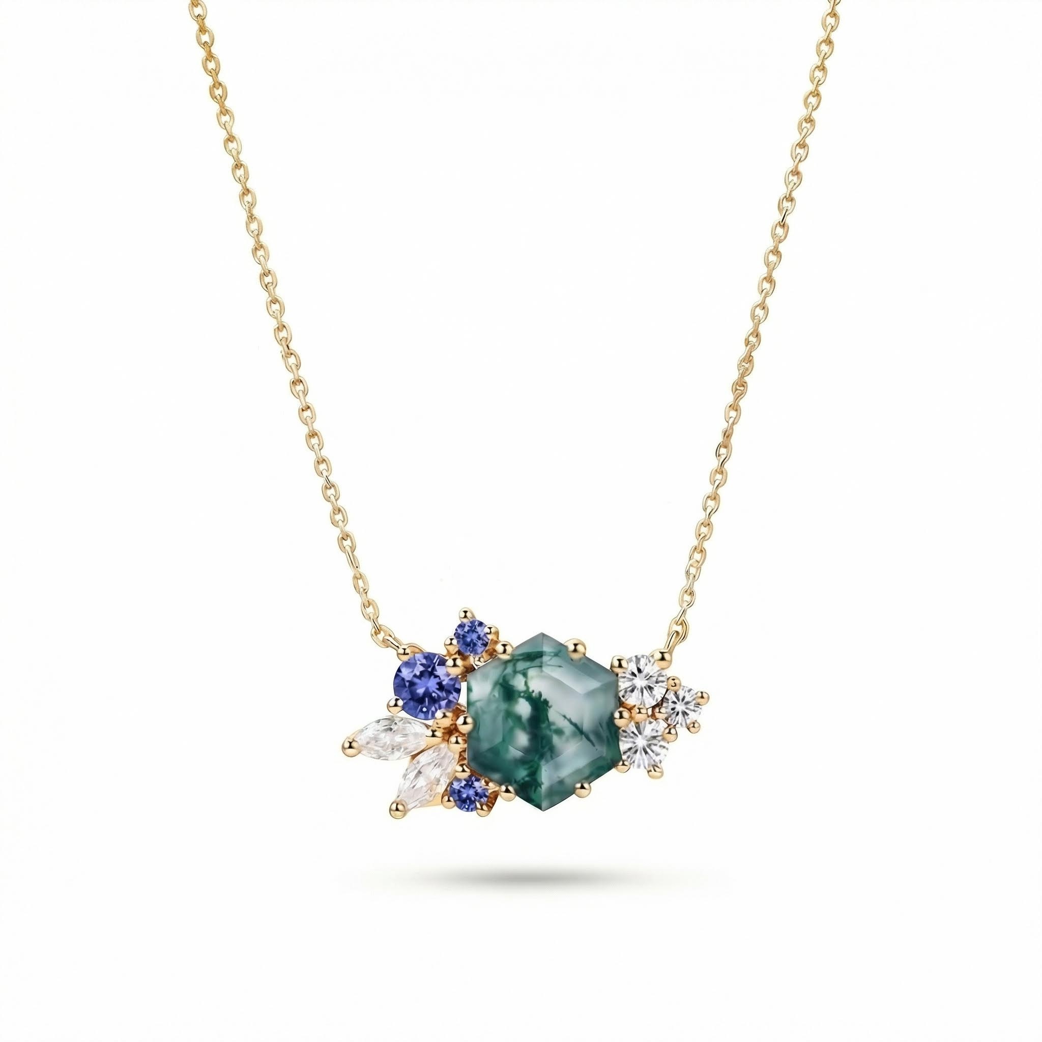 1.85CT Hexagon Moss Agate Art Deco Cluster S925 Silver Pendant Necklace