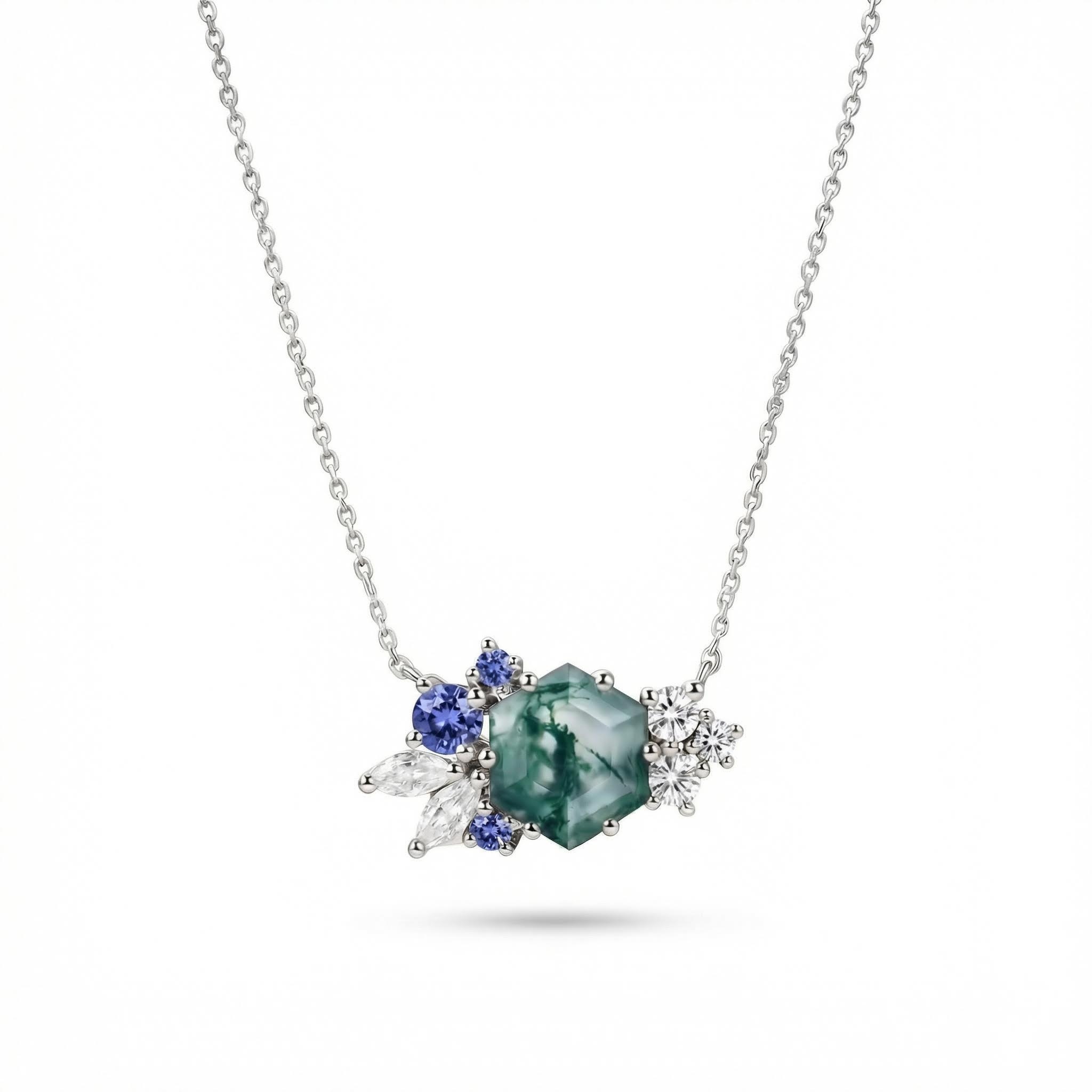 1.85CT Hexagon Moss Agate Art Deco Cluster S925 Silver Pendant Necklace