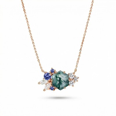 1.85CT Hexagon Moss Agate Art Deco Cluster S925 Silver Pendant Necklace