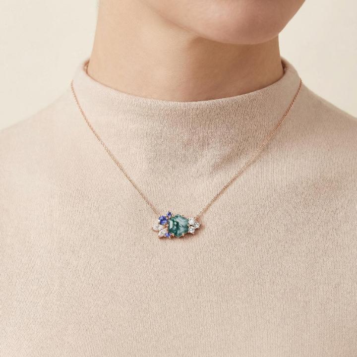 1.85CT Hexagon Moss Agate Art Deco Cluster S925 Silver Pendant Necklace