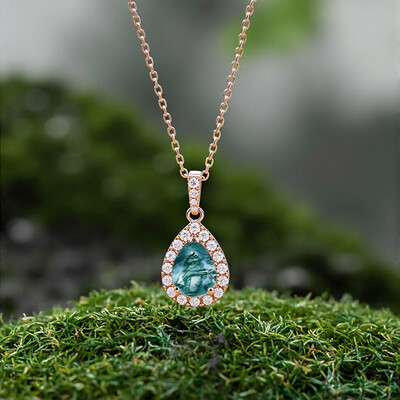 1.5CT Pear Cut Moss Agate & Round Cut Moissanite Halo Accents S925 Silver Pendant Necklace