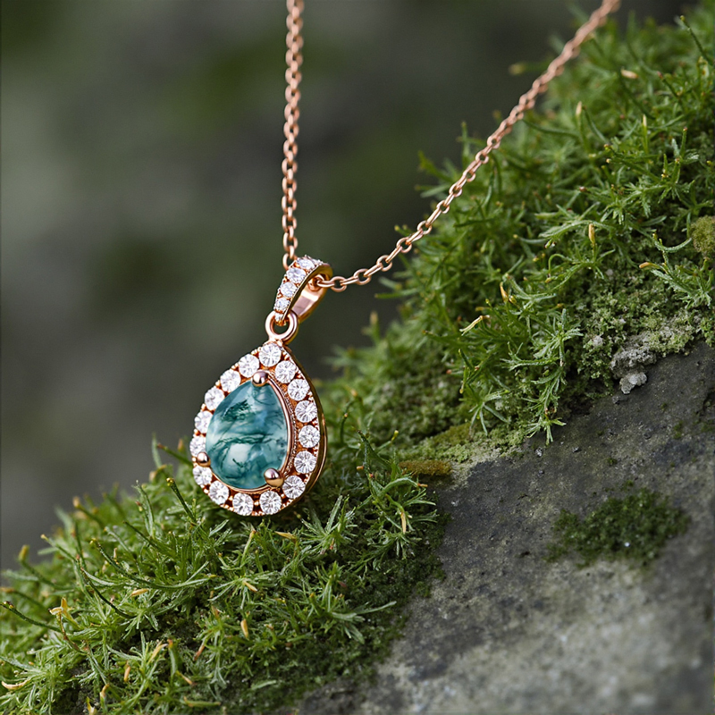 1.5CT Pear Cut Moss Agate & Round Cut Moissanite Halo Accents S925 Silver Pendant Necklace
