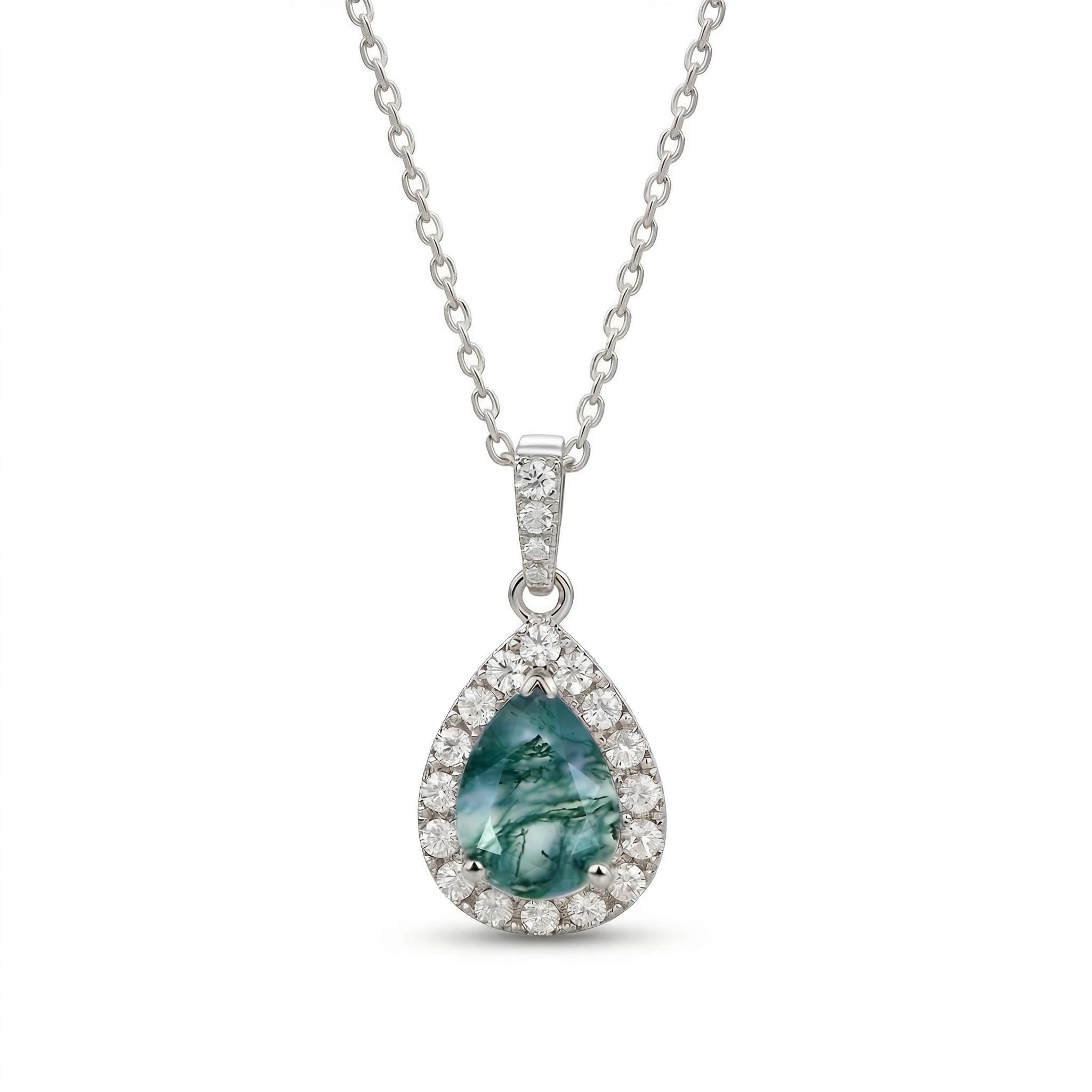 1.5CT Pear Cut Moss Agate & Round Cut Moissanite Halo Accents S925 Silver Pendant Necklace