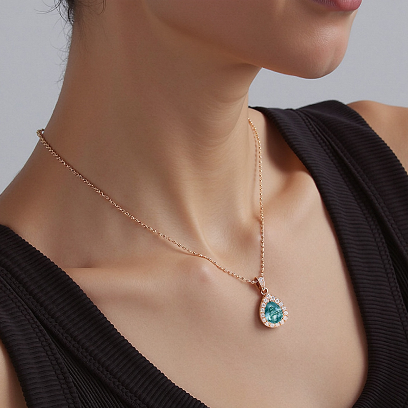 1.5CT Pear Cut Moss Agate & Round Cut Moissanite Halo Accents S925 Silver Pendant Necklace