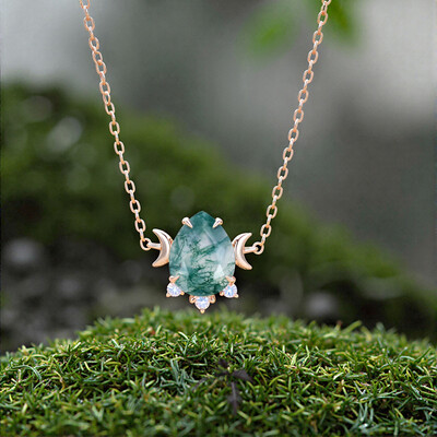1.245CT Pear Cut Moss Agate & Round Cut Moonstone S925 Silver Pendant Necklace