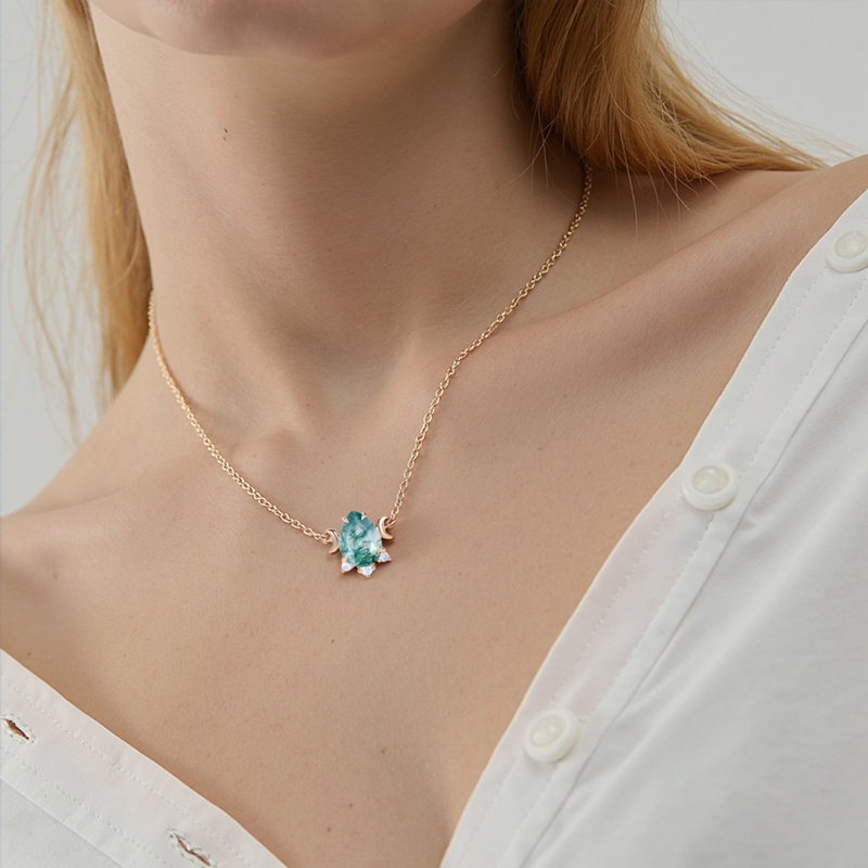 1.245CT Pear Cut Moss Agate & Round Cut Moonstone S925 Silver Pendant Necklace