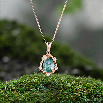 1.29CT Pear Cut Moss Agate & Round Cut Moissanite S925 Silver Organic Halo Pendant Necklace