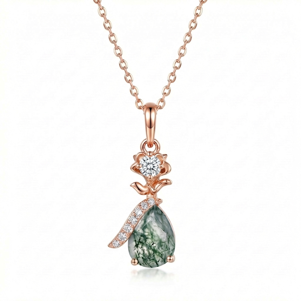 1.3CT Pear Cut Moss Agate & Round Cut Moissanite S925 Silver Floral Inspired Pendant Necklace